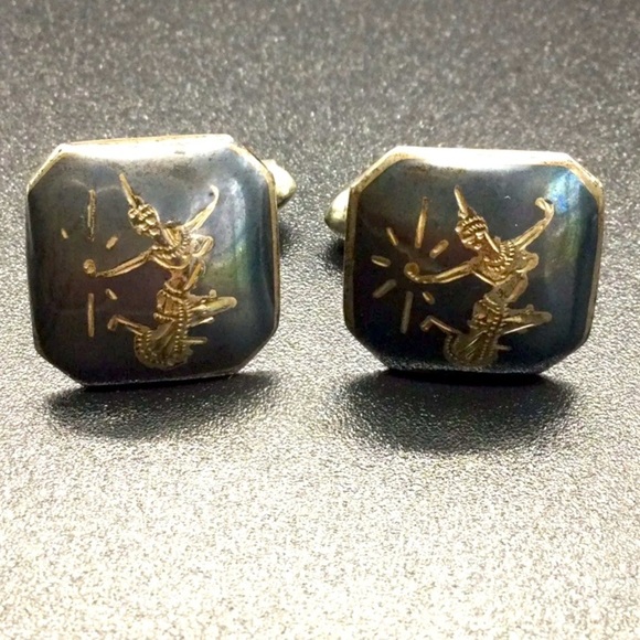 VINTAGE ROYAL SIAM MEKKALA GODDESS NIELLO ENAMEL STERLING SILVER CUFFLIN… - Picture 1 of 6
